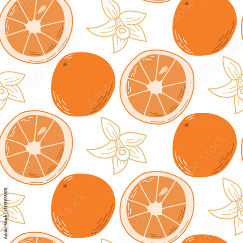 Seamless Pattern of Juicy Orange Slices and Fruit with Leaves. Vibrant seamless pattern featuring juicy orange slices and whole oranges, complemented by stylized leaves on a white background. 