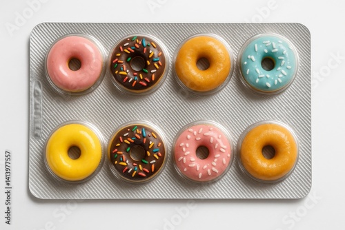 Colorful donuts with icing and sprinkles arranged in blister packaging
