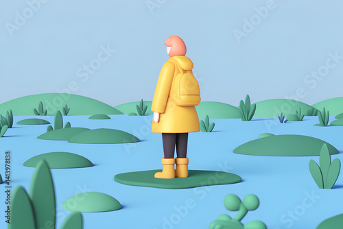 Eco-anxiety environmental stress A person in a yellow raincoat stands on a lily pad in a colorful, stylized landscape.