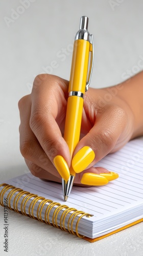 Hand with Yellow Nail Polish Holding Yellow Pen Over Notepad