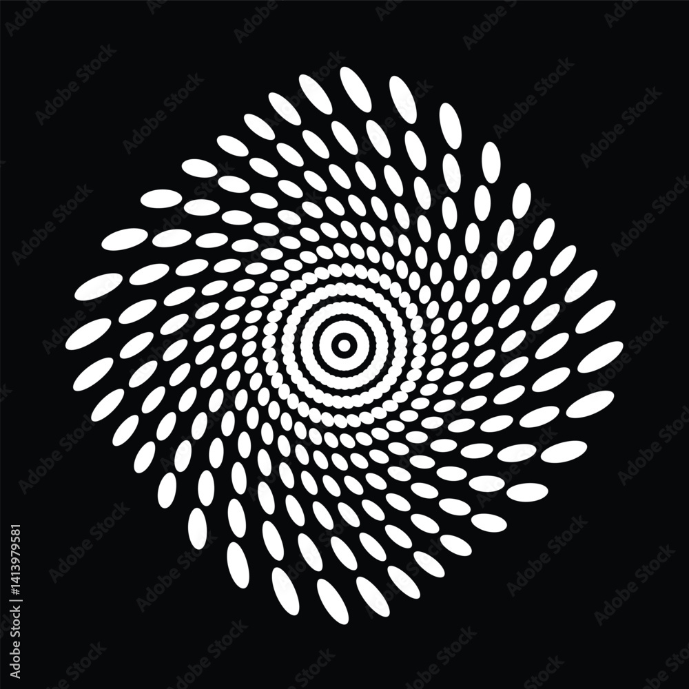 Intricate abstract design featuring a spiral formation with symmetrical dots, creating a hypnotic optical illusion effect against a black backdrop. Perfect for use in graphic design and creative proje
