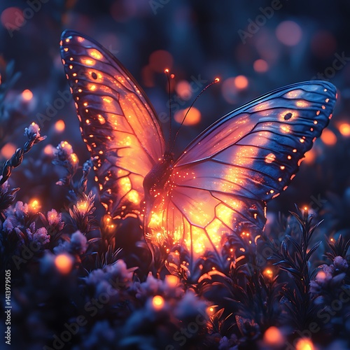 Ethereal Butterfly In Twilight Garden With Glowing Light Emitting Diode Accent Lighting Photo