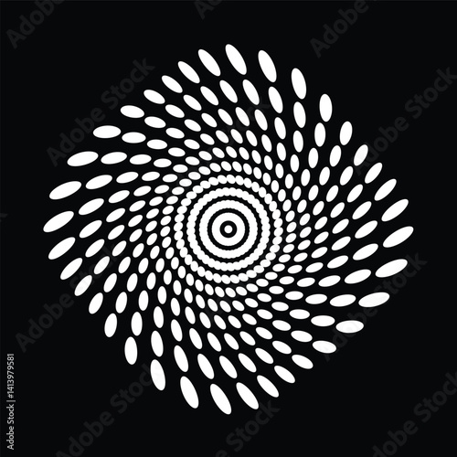 Obraz na płótnie Intricate abstract design featuring a spiral formation with symmetrical dots, creating a hypnotic optical illusion effect against a black backdrop. Perfect for use in graphic design and creative proje w salonie