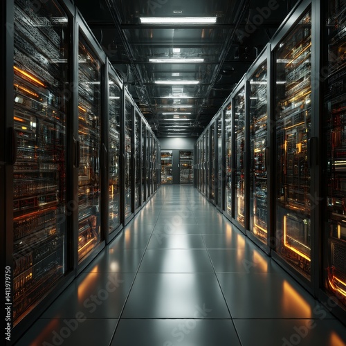 Illuminated network server room at data center