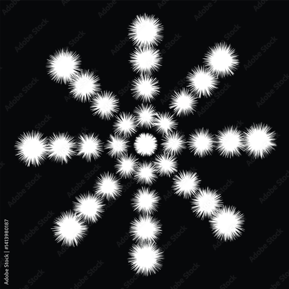 A creative abstract design featuring a symmetrical white star-like pattern against a deep black backdrop, conveying elegance, minimalism, and artistic creativity.