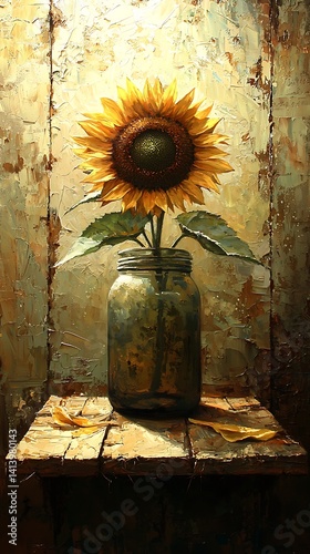 Sunflower in jar, on rustic wooden shelf, with aged backdrop, detailed paint