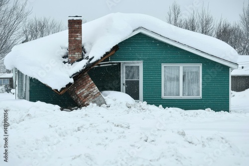 A snow-covered house with a sagging roof, surrounded by deep snow, indicating potential damage and harsh winter conditions.