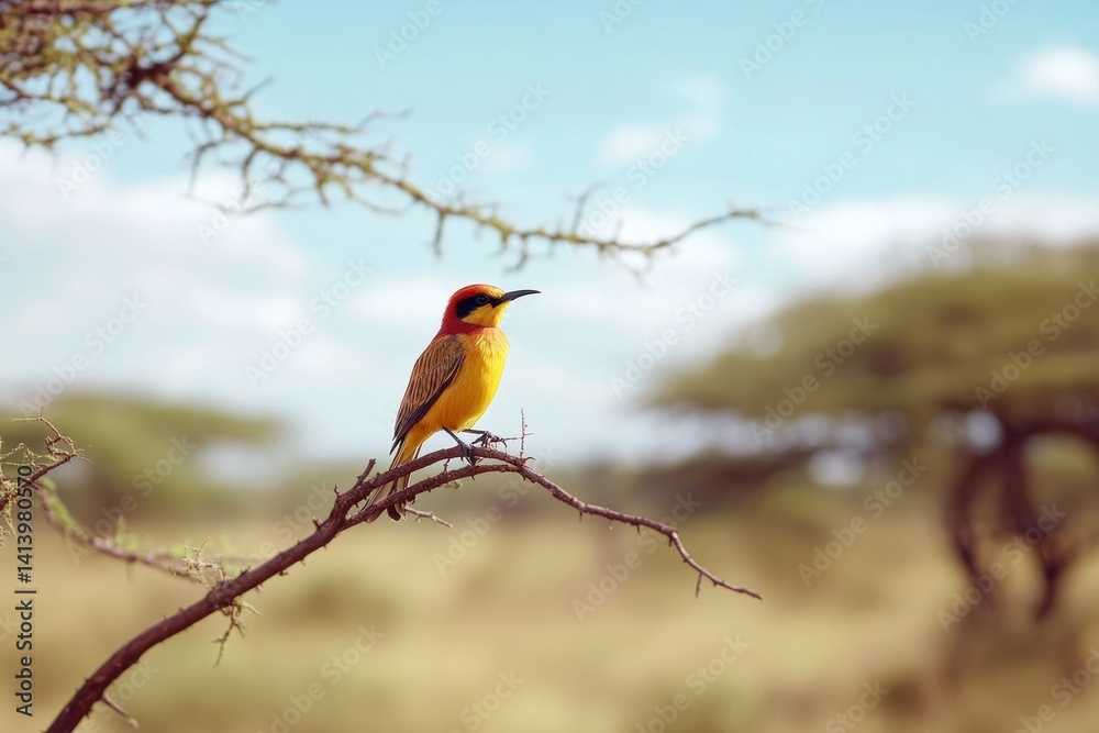 Fototapeta premium Colorful bird perched on branch in Tsavo East savannah singing under the bright sky, A bird sings on a branch in the savannah of Tsavo East
