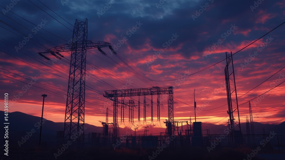 Fototapeta premium Sunset Glow Over Power Infrastructure, Highlighting High-Voltage Towers and Transformers in a Striking Design