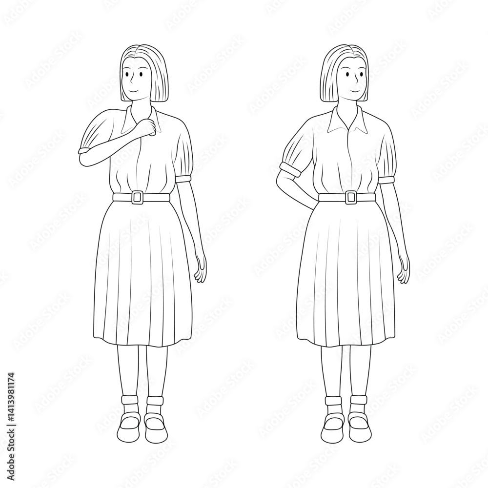 Outline Vector Illustration of Thai High School Students in Uniform, Standing in Casual Poses. Outline Vector Illustration of Thai High School Students in Uniform, Standing in Casual Poses.