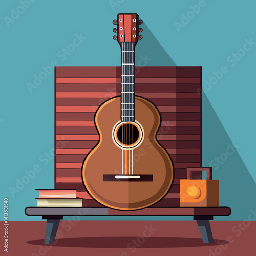 A brown guitar on the table  