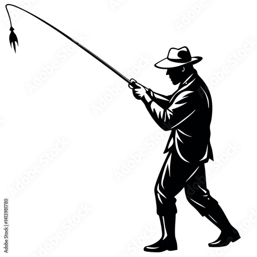 A fisherman casting a fishing rod on white background.