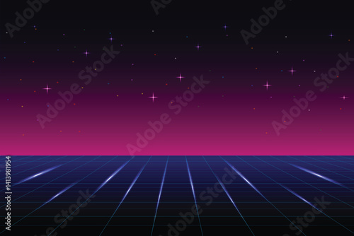 Retro cyberpunk style 80s game scene pixel art 8-bit sci-fi background. glowing neon grid and stars from vintage arcade computer games.