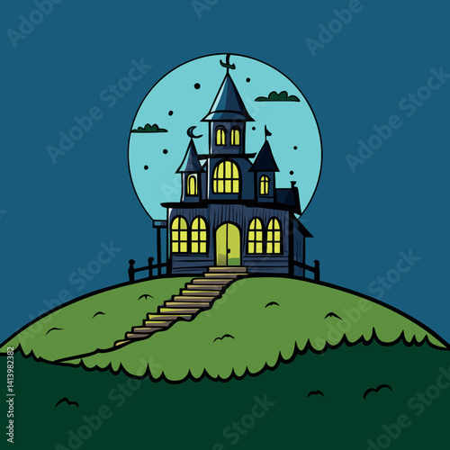 A moonlit scene of an old spooky mansion on a hill  