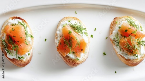 Smoked Salmon and Whipped Ricotta Crostini with Dill Garnish on Matte White Ceramic Plate photo
