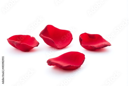 Three red rose petals on a white background