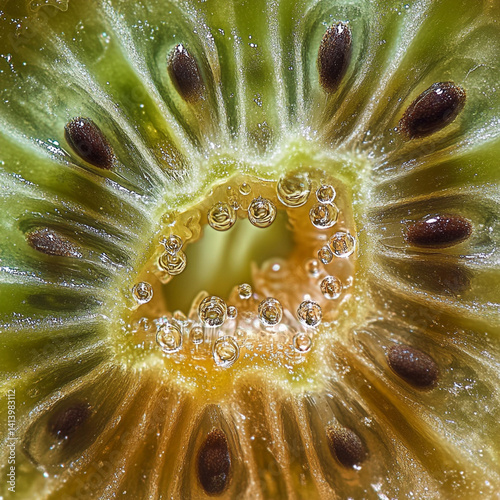 The camera captures the fuzzy brown exterior of a kiwi, then transitions to a mesmerizing cross-section
