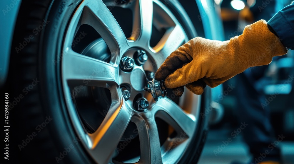 Fototapeta premium Car Maintenance and Tire Service Concept. Mechanic Hand Tightening Lug Nuts on Vehicle Wheel with Protective Glove in Auto Repair Shop.