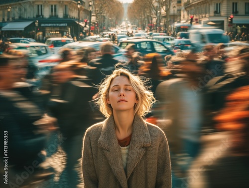 Blonde Caucasian woman standing still with eyes closed in a busy European city street surrounded by blurred pedestrians