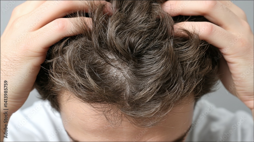 Fototapeta premium Macro shot revealing patchy hair loss with dark brown hairs and bald area on scalp