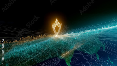 This futuristic image shows a security shield symbol floating over a glowing network background, representing digital data and internet protection. Security, VPN, Digital, Data, Internet.