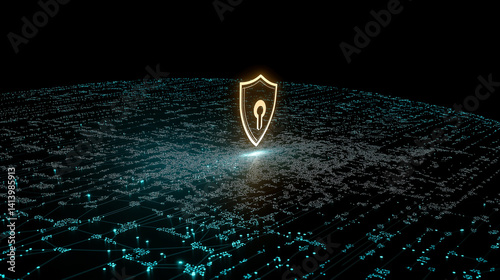 This futuristic image shows a security shield symbol floating over a glowing network background, representing digital data and internet protection. Security, VPN, Digital, Data, Internet.