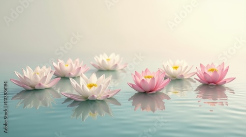 A tranquil scene of several white and pink lotus flowers floating on calm water with soft reflections, set against a gentle gradient background