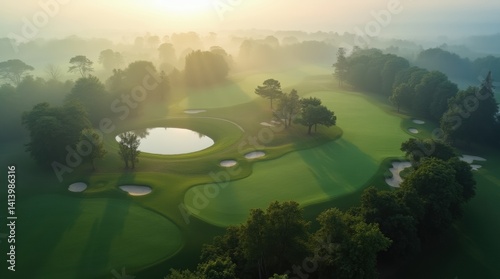 Aerial view, peaceful golf course landscape with winding fairways, water hazards, and sand bunkers, early morning light and soft mist over the greenery