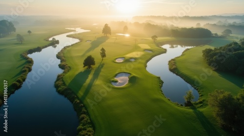 Aerial view, peaceful golf course landscape with winding fairways, water hazards, and sand bunkers, early morning light and soft mist over the greenery