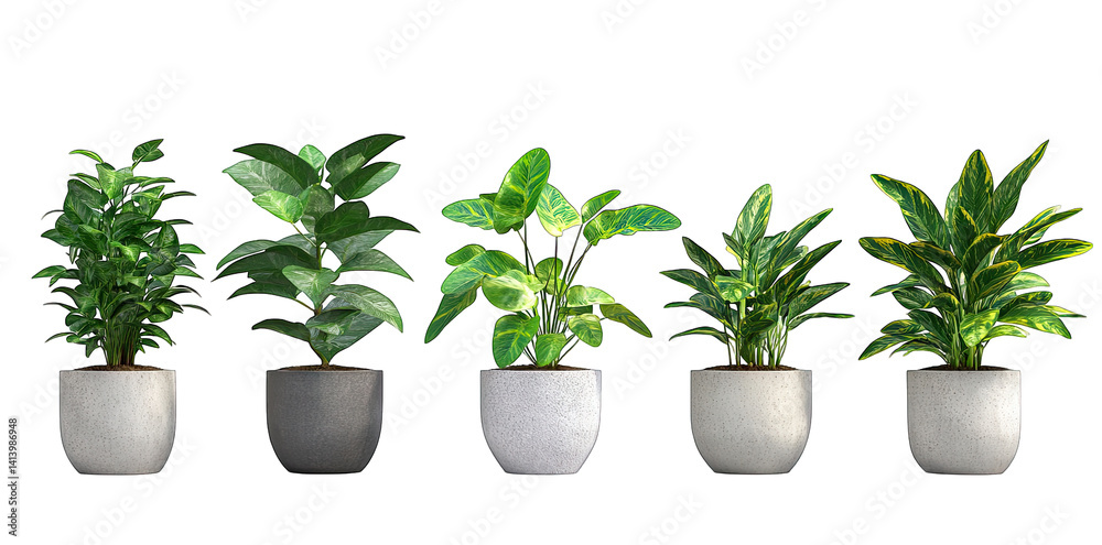 five decorative potted plants in varying shapes and sizes showcasing different leaf types and colors set against a white background ideal for interior design or home decor inspiration five decorative potted plants in varying shapes and sizes showcasing different leaf types and colors set against a white background ideal for interior design or home decor inspiration