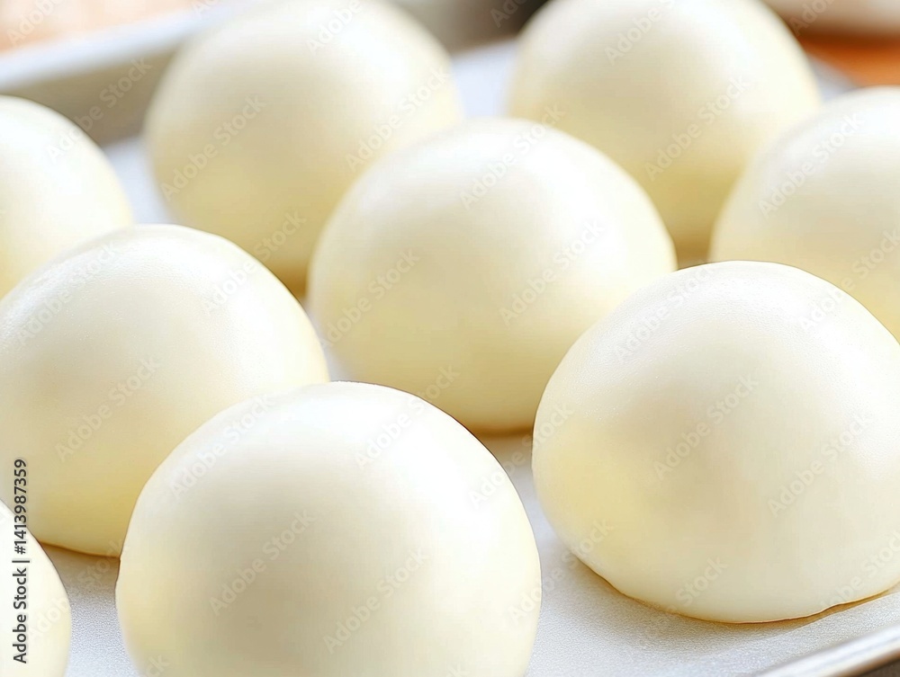 Unbaked round buns arranged on a baking sheet