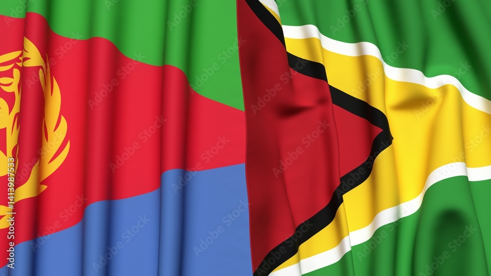Fototapeta premium Flags of ERITREA and GUYANA with realistic cloth texture