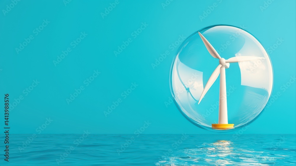 Wind turbine inside clear sphere over calm ocean waters background Wind turbine inside clear sphere over calm ocean waters background