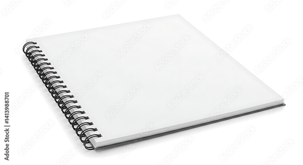 A blank spiral-bound notebook with white pages, partially opened and positioned against a plain white background. The notebook features a metal spiral binding along the left edge. The top and side edg A blank spiral-bound notebook with white pages, partially opened and positioned against a plain white background. The notebook features a metal spiral binding along the left edge. The top and side edg