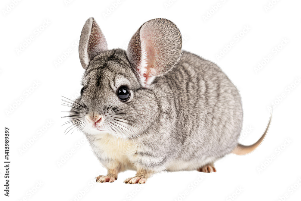 Obraz premium a cute fluffy chinchilla with large ears and a soft gray coat sitting against a white background. charm and unique features of chinchillas often kept as pets