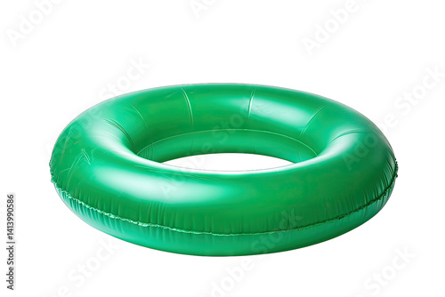 a bright green inflatable inner tube commonly used for swimming or floating in pools and water bodies sits on a white background emphasizing its smooth texture and circular shape