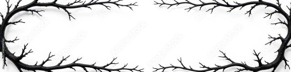 Obraz premium Black thorny vines form elegant border, crisp white backdrop, silhouette, sharp, simple