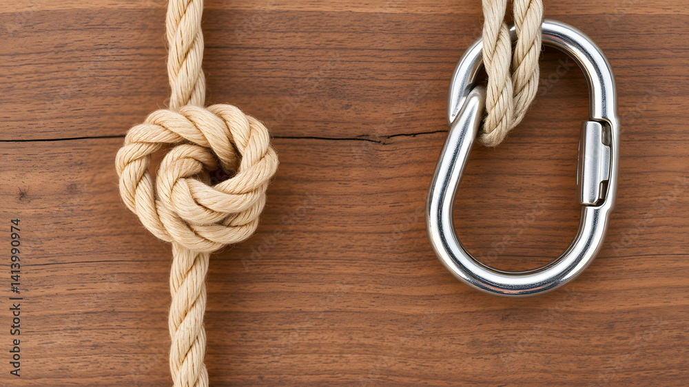 A rope tied with a square knot and a rope connected with a carabiner A rope tied with a square knot and a rope connected with a carabiner