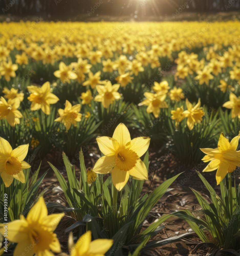 Fototapeta premium Glistening daffodil petals, a sea of yellow in a sun-drenched field , blossom, photo, flora