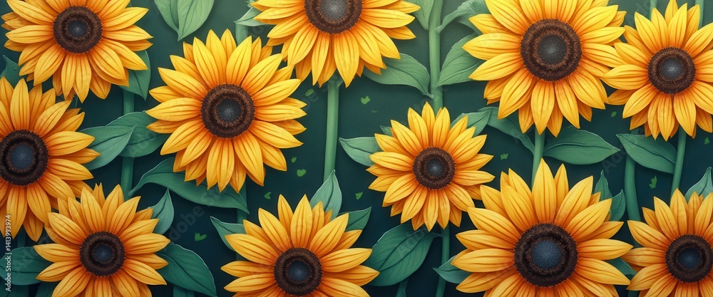 A Vibrant Pattern of Sunflowers Unfurls, Brightening with Warm Yellow Petals and Lush Green Leaves, Creating a Cheerful and Eye-Ca A Vibrant Pattern of Sunflowers Unfurls, Brightening with Warm Yellow Petals and Lush Green Leaves, Creating a Cheerful and Eye-Ca