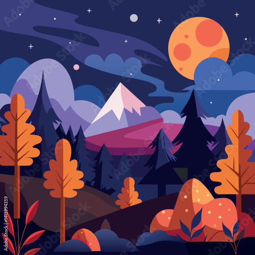 Illustration of mystical autumn night landscape 