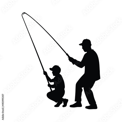silhouette of a father and son fishing together