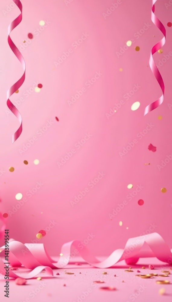 Festive pink background with cascading streamers and confetti , event, card Festive pink background with cascading streamers and confetti , event, card