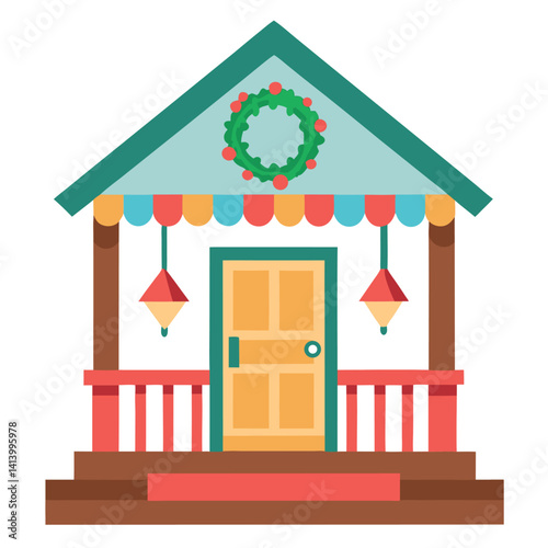 Porch with holiday decor vector icon on white background.
