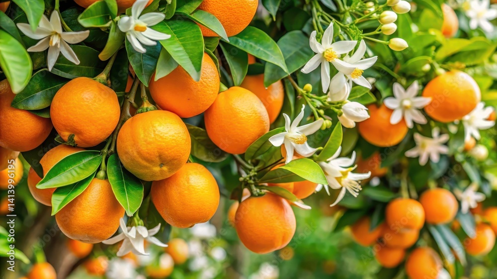 Mature orange tree with abundant ripe oranges hanging from branches and fragrant white flowers blooming around it , botanical, orange color