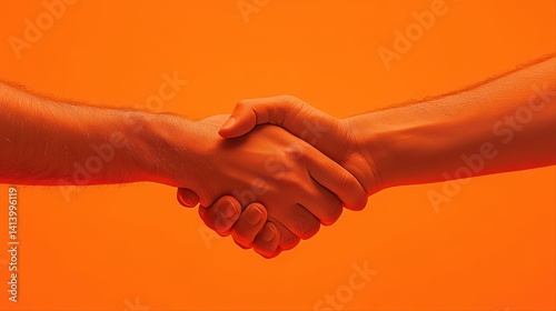 Close-up of two hands shaking against an orange background