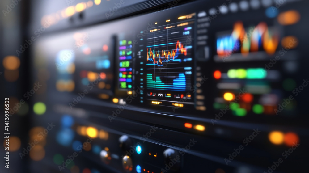 High Tech Server Rack Displaying Dynamic Financial Data Graphs and Charts Close up View of Illuminated Control Panel High Tech Server Rack Displaying Dynamic Financial Data Graphs and Charts Close up View of Illuminated Control Panel