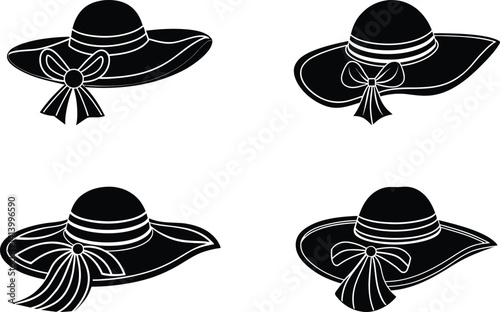 stylist hat with ribbon icon set, hats illustration, set of hats, set of vector hats on white background.