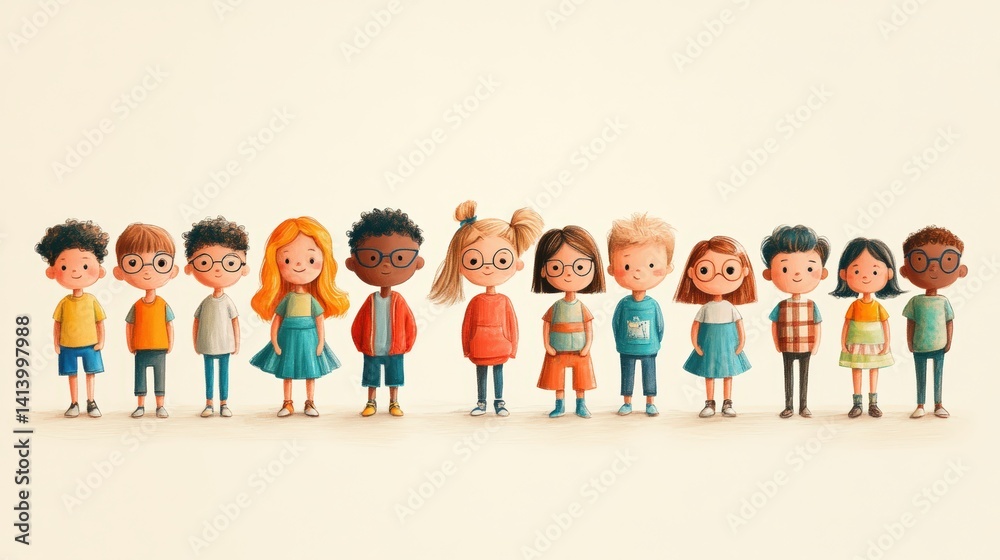 Diverse group of cartoon children standing in a row, against neutral background Diverse group of cartoon children standing in a row, against neutral background