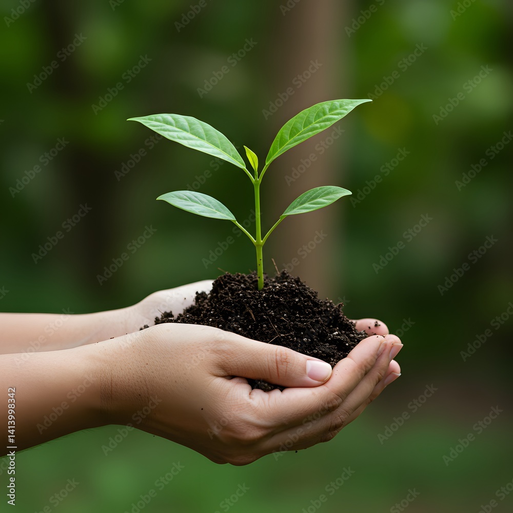 A tree's hand holds a plant, symbolizing the bond between nature and ecological conservation. In the background, the untouched forest stands as a reminder of the need for forest preservation.